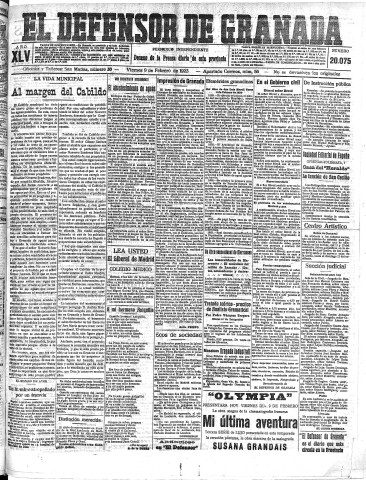 'El Defensor de Granada  : diario político independiente' - Año XLV Número 20075  - 1923 Febrero 09