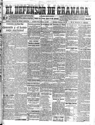 'El Defensor de Granada  : diario político independiente' - Año XLV Número 20076  - 1923 Febrero 10