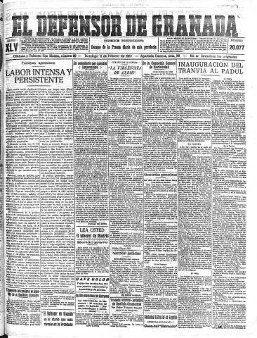 'El Defensor de Granada  : diario político independiente' - Año XLV Número 20077  - 1923 Febrero 11