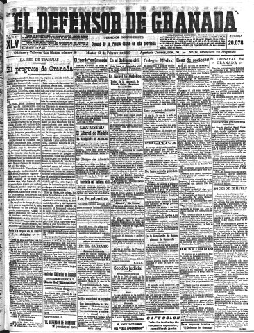 'El Defensor de Granada  : diario político independiente' - Año XLV Número 20078  - 1923 Febrero 13