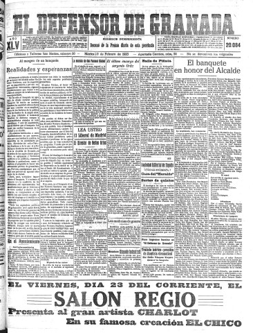 'El Defensor de Granada  : diario político independiente' - Año XLV Número 20084  - 1923 Febrero 20