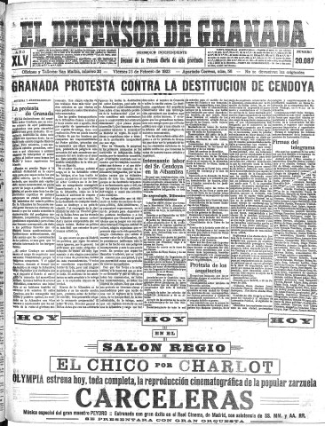 'El Defensor de Granada  : diario político independiente' - Año XLV Número 20087  - 1923 Febrero 23