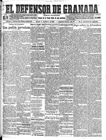 'El Defensor de Granada  : diario político independiente' - Año XLV Número 21006  - 1923 Marzo 17