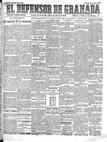 'El Defensor de Granada  : diario político independiente' - Año XLV Número 21033  - 1923 Abril 18