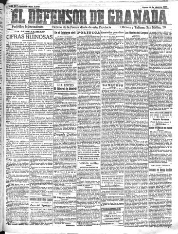 'El Defensor de Granada  : diario político independiente' - Año XLV Número 21040  - 1923 Abril 26