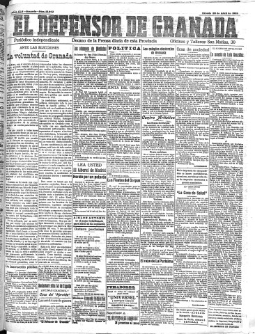'El Defensor de Granada  : diario político independiente' - Año XLV Número 21042  - 1923 Abril 28