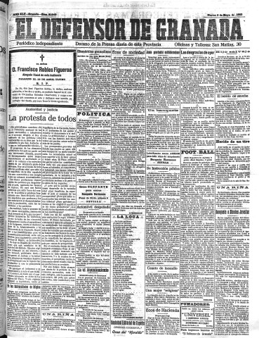 'El Defensor de Granada  : diario político independiente' - Año XLV Número 21049  - 1923 Mayo 08