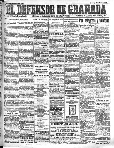 'El Defensor de Granada  : diario político independiente' - Año XLV Número 21054  - 1923 Mayo 13