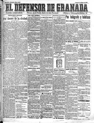 'El Defensor de Granada  : diario político independiente' - Año XLV Número 21057  - 1923 Mayo 17