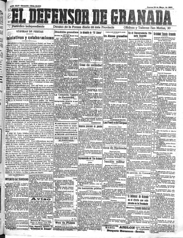 'El Defensor de Granada  : diario político independiente' - Año XLV Número 21063  - 1923 Mayo 24
