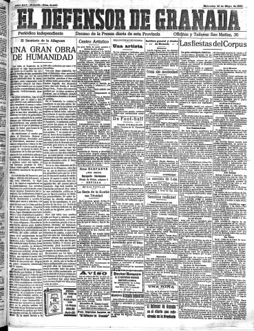 'El Defensor de Granada  : diario político independiente' - Año XLV Número 21068  - 1923 Mayo 30