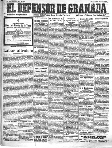 'El Defensor de Granada  : diario político independiente' - Año XLV Número 21087  - 1923 Junio 22