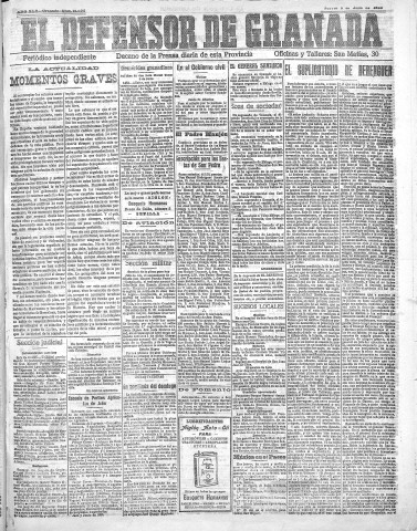 'El Defensor de Granada  : diario político independiente' - Año XLV Número 21098  - 1923 Julio 05