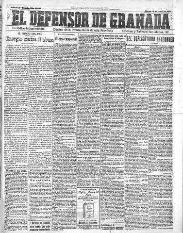'El Defensor de Granada  : diario político independiente' - Año XLV Número 22002  - 1923 Julio 10