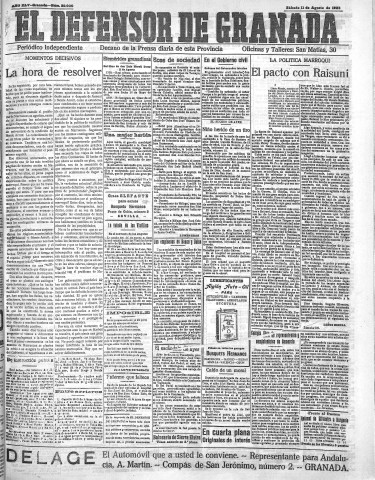 'El Defensor de Granada  : diario político independiente' - Año XLV Número 22030  - 1923 Agosto 11