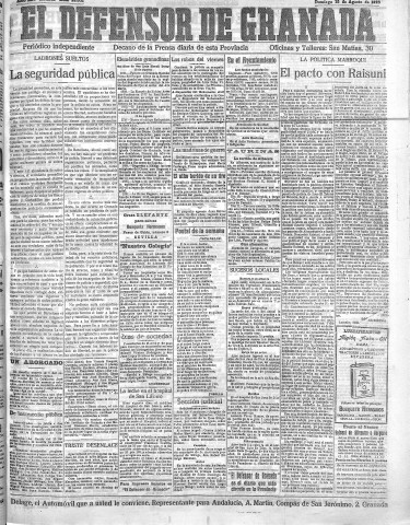 'El Defensor de Granada  : diario político independiente' - Año XLV Número 22031  - 1923 Agosto 12