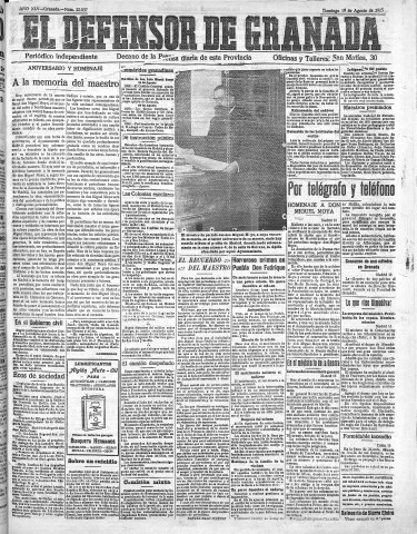 'El Defensor de Granada  : diario político independiente' - Año XLV Número 22037  - 1923 Agosto 19
