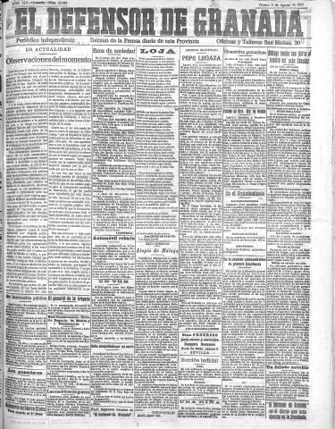 'El Defensor de Granada  : diario político independiente' - Año XLV Número 22047  - 1923 Agosto 31