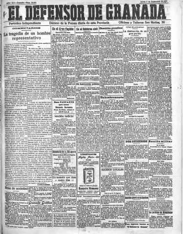 'El Defensor de Granada  : diario político independiente' - Año XLV Número 22052  - 1923 Septiembre 06