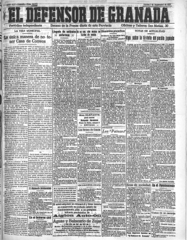 'El Defensor de Granada  : diario político independiente' - Año XLV Número 22053  - 1923 Septiembre 07