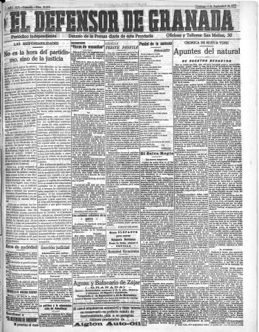 'El Defensor de Granada  : diario político independiente' - Año XLV Número 22055  - 1923 Septiembre 09