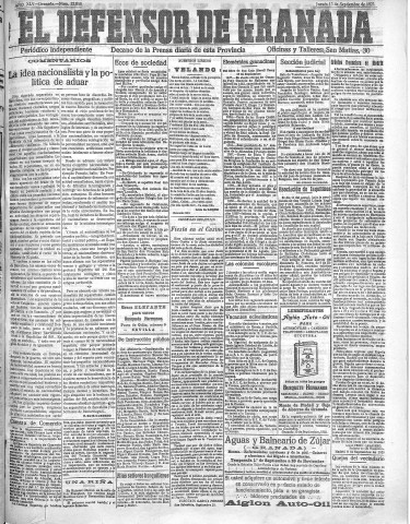 'El Defensor de Granada  : diario político independiente' - Año XLV Número 22058  - 1923 Septiembre 13