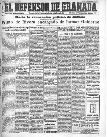 'El Defensor de Granada  : diario político independiente' - Año XLV Número 22060  - 1923 Septiembre 15