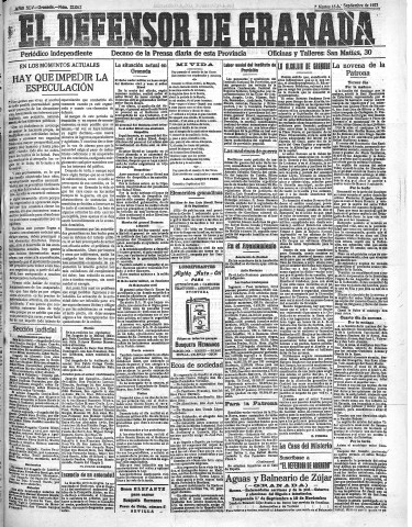 'El Defensor de Granada  : diario político independiente' - Año XLV Número 22062  - 1923 Septiembre 18