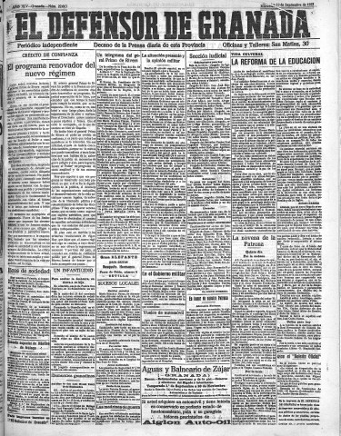 'El Defensor de Granada  : diario político independiente' - Año XLV Número 22063  - 1923 Septiembre 19