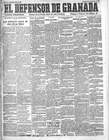 'El Defensor de Granada  : diario político independiente' - Año XLV Número 22069  - 1923 Septiembre 26
