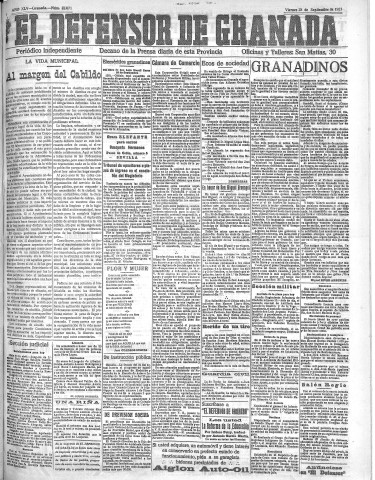 'El Defensor de Granada  : diario político independiente' - Año XLV Número 22071  - 1923 Septiembre 28