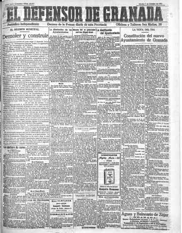 'El Defensor de Granada  : diario político independiente' - Año XLV Número 22074  - 1923 Octubre 02