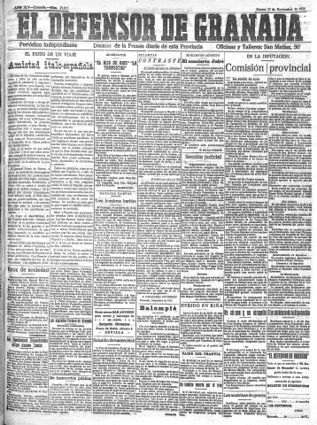 'El Defensor de Granada  : diario político independiente' - Año XLV Número 23011  - 1923 Noviembre 27