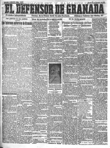 'El Defensor de Granada  : diario político independiente' - Año XLV Número 23039  - 1923 Diciembre 18