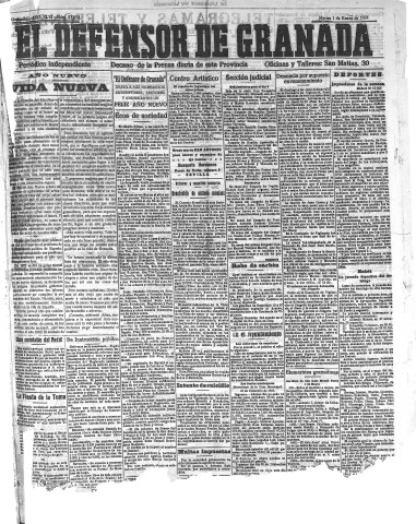 'El Defensor de Granada  : diario político independiente' - Año XLVI Número 23050  - 1924 Enero 01