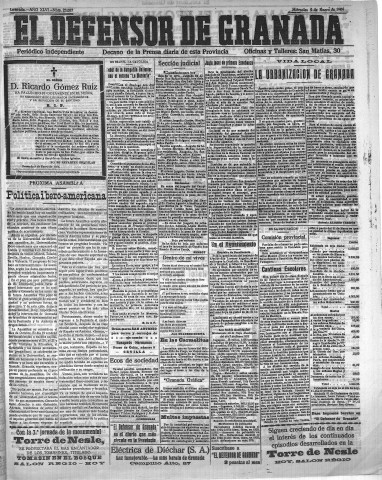 'El Defensor de Granada  : diario político independiente' - Año XLVI Número 23057  - 1924 Enero 09