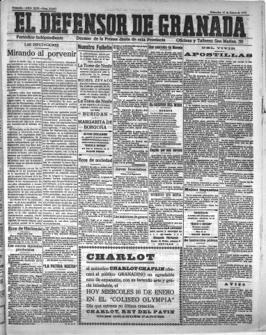 'El Defensor de Granada  : diario político independiente' - Año XLVI Número 23063  - 1924 Enero 16