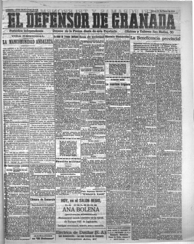 'El Defensor de Granada  : diario político independiente' - Año XLVI Número 23070  - 1924 Enero 24