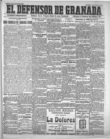 'El Defensor de Granada  : diario político independiente' - Año XLVI Número 23079  - 1924 Febrero 03