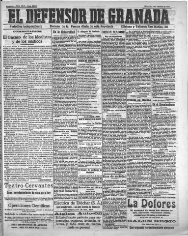'El Defensor de Granada  : diario político independiente' - Año XLVI Número 23081  - 1924 Febrero 06