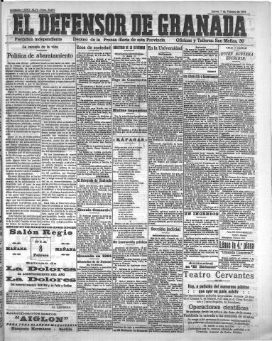 'El Defensor de Granada  : diario político independiente' - Año XLVI Número 23082  - 1924 Febrero 07