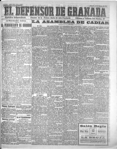 'El Defensor de Granada  : diario político independiente' - Año XLVI Número 23087  - 1924 Febrero 13
