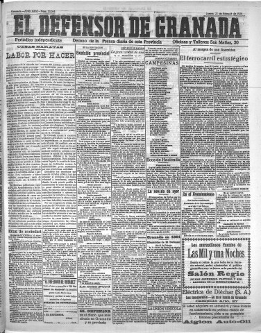 'El Defensor de Granada  : diario político independiente' - Año XLVI Número 23094  - 1924 Febrero 21