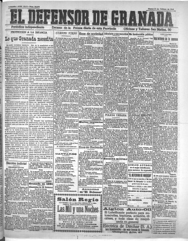 'El Defensor de Granada  : diario político independiente' - Año XLVI Número 23098  - 1924 Febrero 26