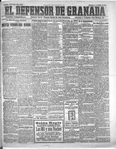 'El Defensor de Granada  : diario político independiente' - Año XLVI Número 23099  - 1924 Febrero 27