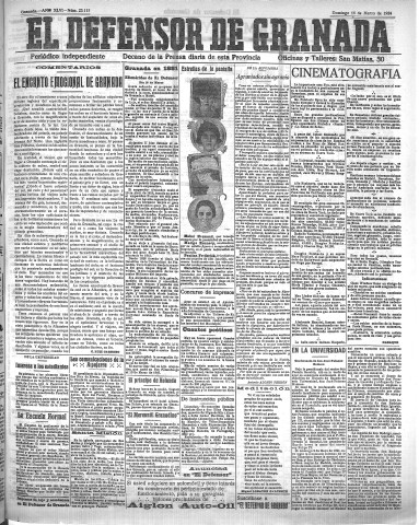 'El Defensor de Granada  : diario político independiente' - Año XLVI Número 23115  - 1924 Marzo 16