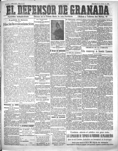 'El Defensor de Granada  : diario político independiente' - Año XLVI Número 23123  - 1924 Marzo 26