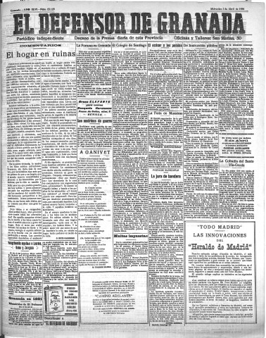 'El Defensor de Granada  : diario político independiente' - Año XLVI Número 23129  - 1924 Abril 02