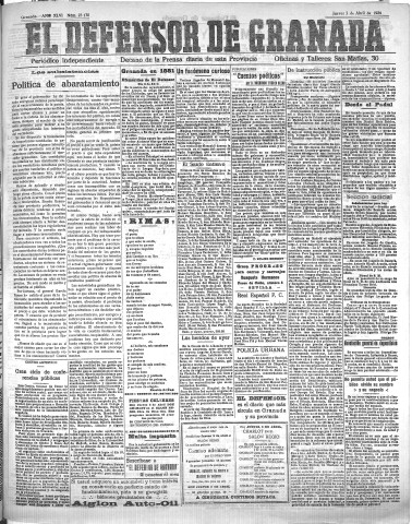 'El Defensor de Granada  : diario político independiente' - Año XLVI Número 23130  - 1924 Abril 03