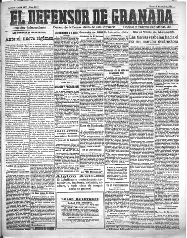 'El Defensor de Granada  : diario político independiente' - Año XLVI Número 23131  - 1924 Abril 04